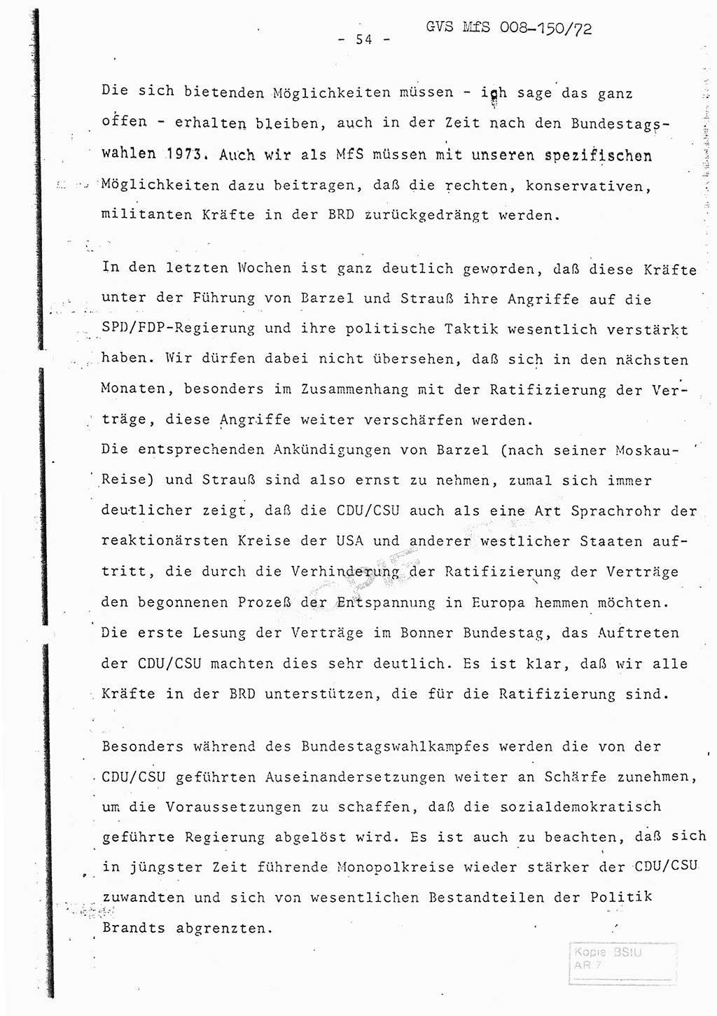 Referat (Entwurf) des Genossen Minister (Generaloberst Erich Mielke) auf der Dienstkonferenz 1972, Ministerium für Staatssicherheit (MfS) [Deutsche Demokratische Republik (DDR)], Der Minister, Geheime Verschlußsache (GVS) 008-150/72, Berlin 25.2.1972, Seite 54 (Ref. Entw. DK MfS DDR Min. GVS 008-150/72 1972, S. 54)