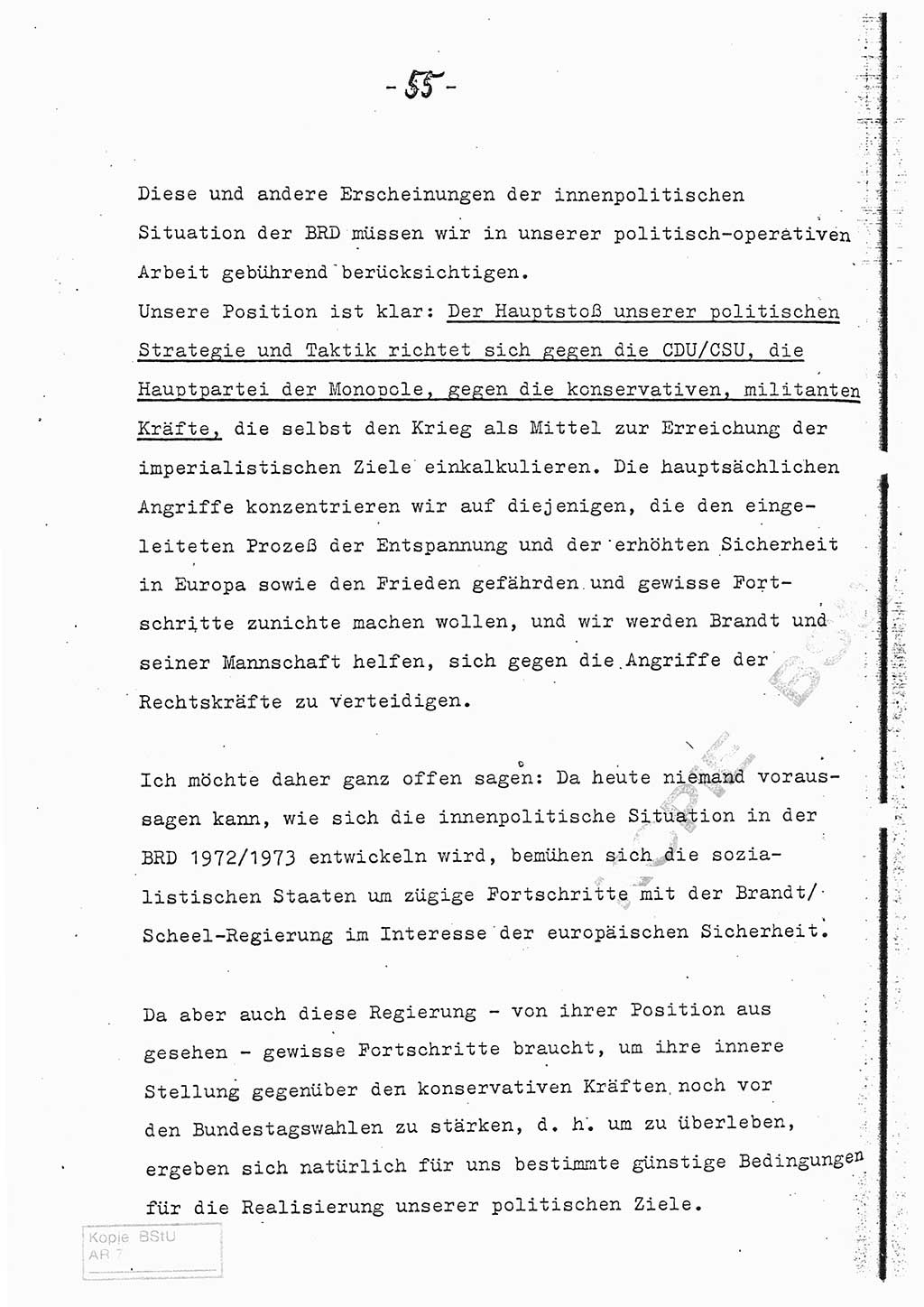 Referat (Entwurf) des Genossen Minister (Generaloberst Erich Mielke) auf der Dienstkonferenz 1972, Ministerium für Staatssicherheit (MfS) [Deutsche Demokratische Republik (DDR)], Der Minister, Geheime Verschlußsache (GVS) 008-150/72, Berlin 25.2.1972, Seite 55 (Ref. Entw. DK MfS DDR Min. GVS 008-150/72 1972, S. 55)