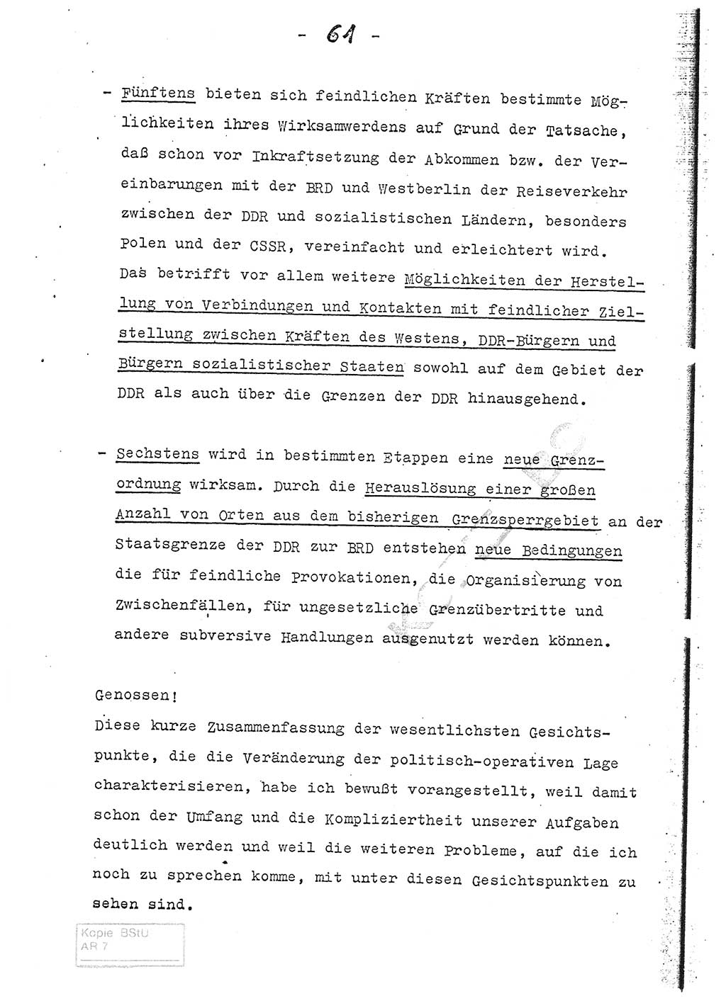 Referat (Entwurf) des Genossen Minister (Generaloberst Erich Mielke) auf der Dienstkonferenz 1972, Ministerium für Staatssicherheit (MfS) [Deutsche Demokratische Republik (DDR)], Der Minister, Geheime Verschlußsache (GVS) 008-150/72, Berlin 25.2.1972, Seite 61 (Ref. Entw. DK MfS DDR Min. GVS 008-150/72 1972, S. 61)