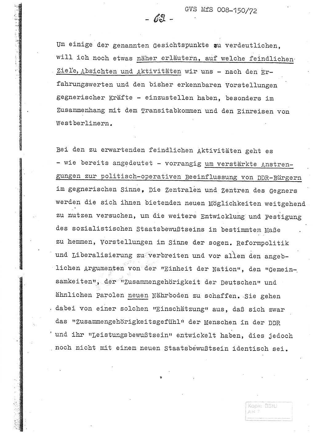 Referat (Entwurf) des Genossen Minister (Generaloberst Erich Mielke) auf der Dienstkonferenz 1972, Ministerium für Staatssicherheit (MfS) [Deutsche Demokratische Republik (DDR)], Der Minister, Geheime Verschlußsache (GVS) 008-150/72, Berlin 25.2.1972, Seite 62 (Ref. Entw. DK MfS DDR Min. GVS 008-150/72 1972, S. 62)