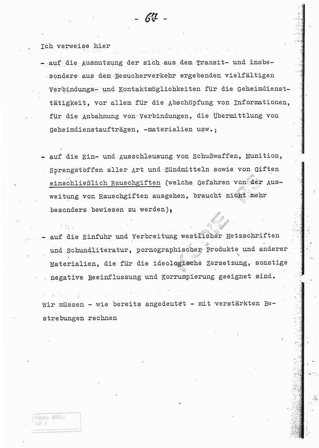 Referat (Entwurf) des Genossen Minister (Generaloberst Erich Mielke) auf der Dienstkonferenz 1972, Ministerium für Staatssicherheit (MfS) [Deutsche Demokratische Republik (DDR)], Der Minister, Geheime Verschlußsache (GVS) 008-150/72, Berlin 25.2.1972, Seite 67 (Ref. Entw. DK MfS DDR Min. GVS 008-150/72 1972, S. 67)
