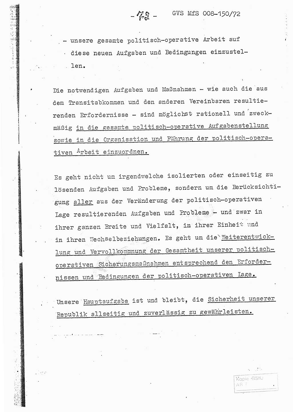 Referat (Entwurf) des Genossen Minister (Generaloberst Erich Mielke) auf der Dienstkonferenz 1972, Ministerium für Staatssicherheit (MfS) [Deutsche Demokratische Republik (DDR)], Der Minister, Geheime Verschlußsache (GVS) 008-150/72, Berlin 25.2.1972, Seite 72 (Ref. Entw. DK MfS DDR Min. GVS 008-150/72 1972, S. 72)