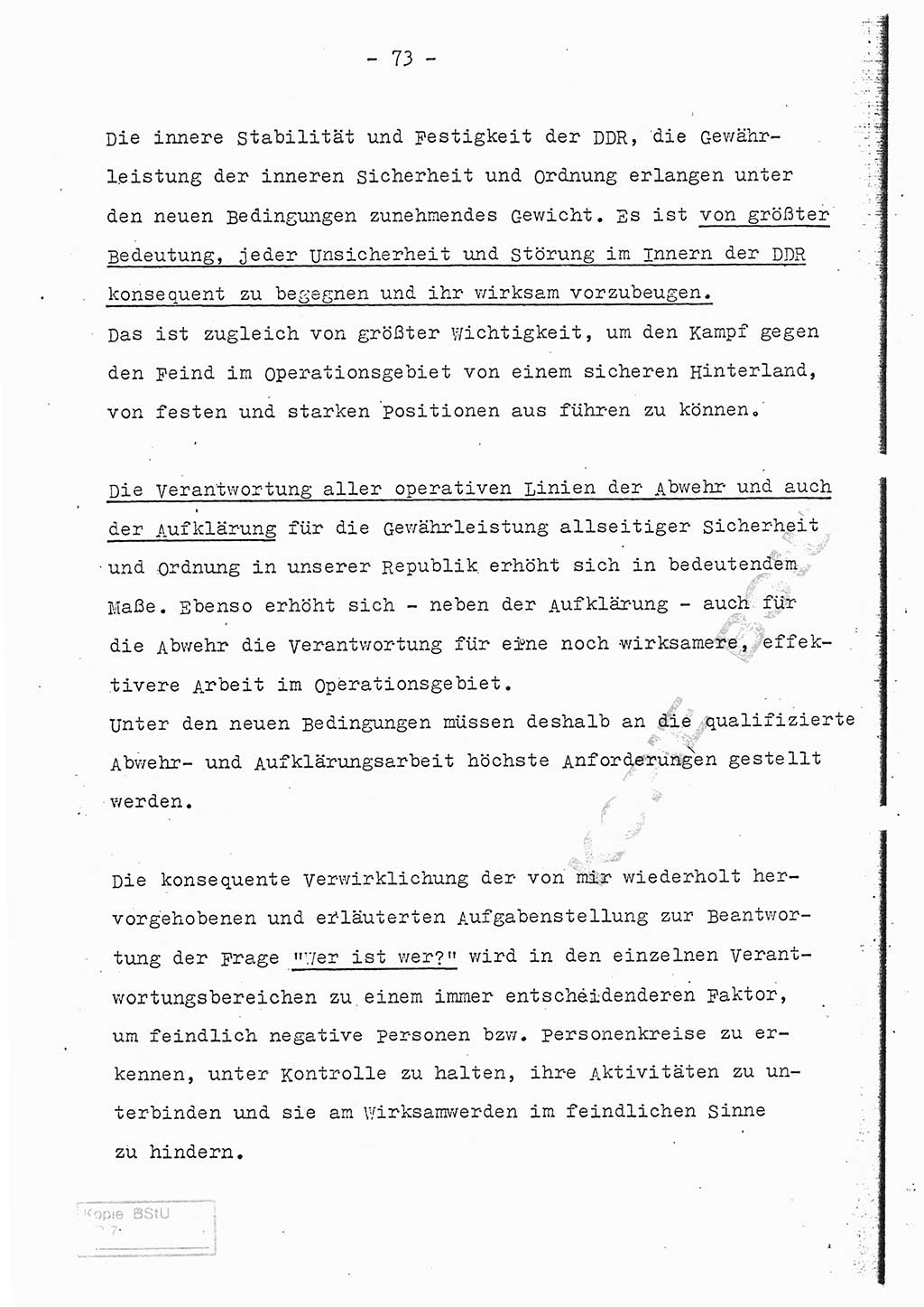 Referat (Entwurf) des Genossen Minister (Generaloberst Erich Mielke) auf der Dienstkonferenz 1972, Ministerium für Staatssicherheit (MfS) [Deutsche Demokratische Republik (DDR)], Der Minister, Geheime Verschlußsache (GVS) 008-150/72, Berlin 25.2.1972, Seite 73 (Ref. Entw. DK MfS DDR Min. GVS 008-150/72 1972, S. 73)