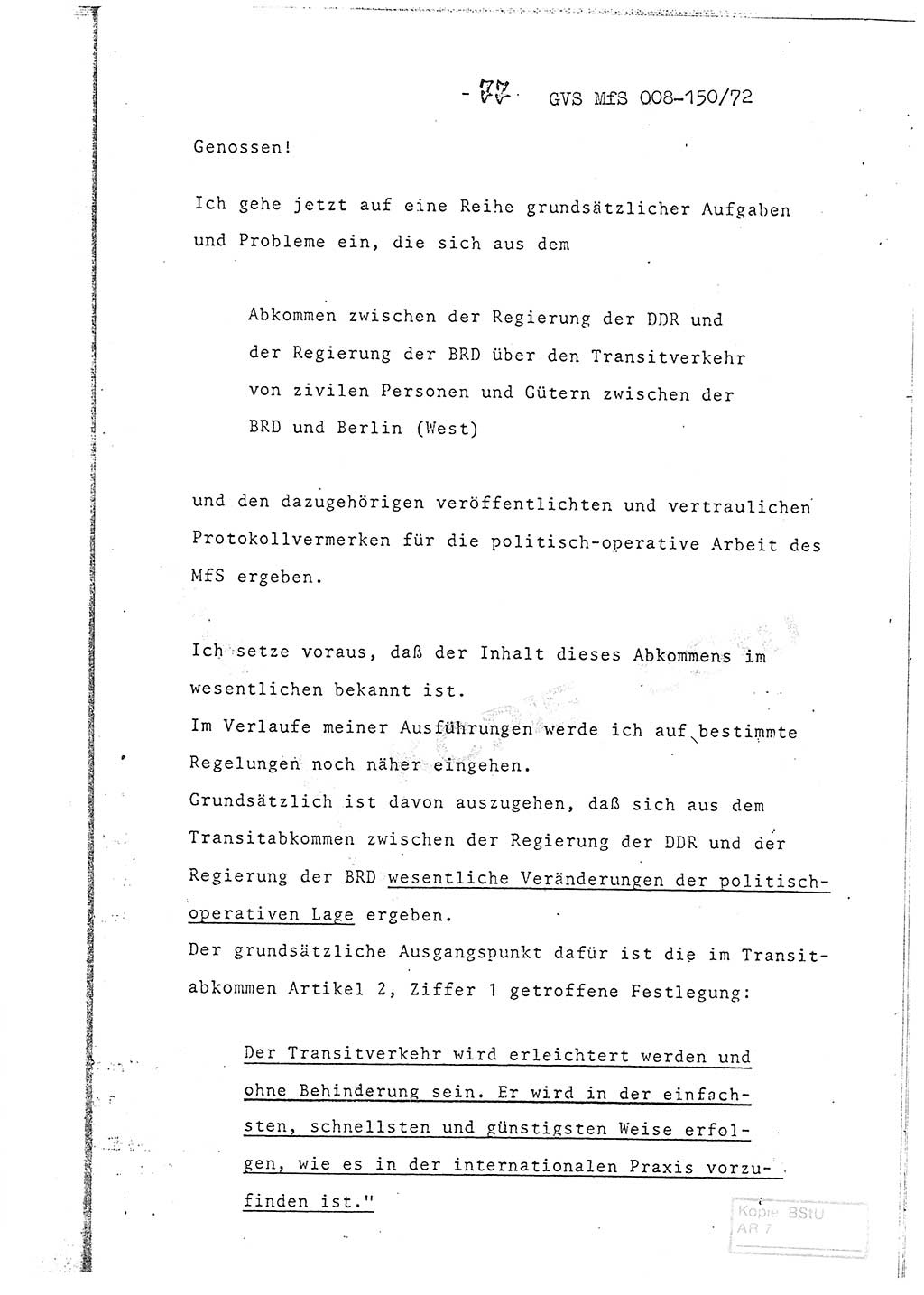 Referat (Entwurf) des Genossen Minister (Generaloberst Erich Mielke) auf der Dienstkonferenz 1972, Ministerium für Staatssicherheit (MfS) [Deutsche Demokratische Republik (DDR)], Der Minister, Geheime Verschlußsache (GVS) 008-150/72, Berlin 25.2.1972, Seite 77 (Ref. Entw. DK MfS DDR Min. GVS 008-150/72 1972, S. 77)