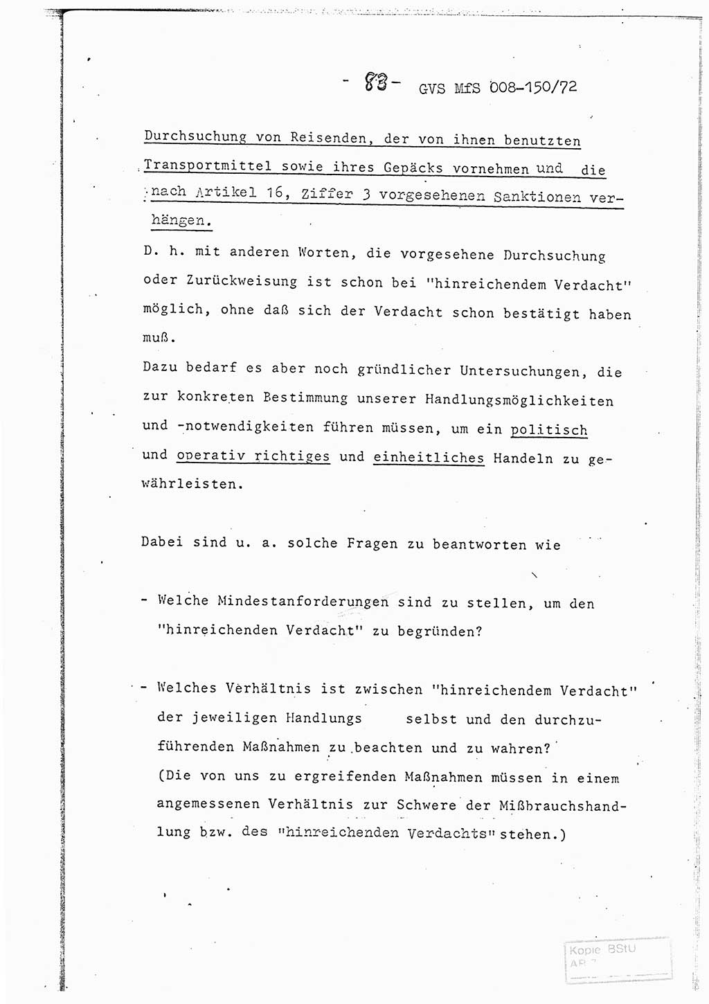 Referat (Entwurf) des Genossen Minister (Generaloberst Erich Mielke) auf der Dienstkonferenz 1972, Ministerium für Staatssicherheit (MfS) [Deutsche Demokratische Republik (DDR)], Der Minister, Geheime Verschlußsache (GVS) 008-150/72, Berlin 25.2.1972, Seite 83 (Ref. Entw. DK MfS DDR Min. GVS 008-150/72 1972, S. 83)