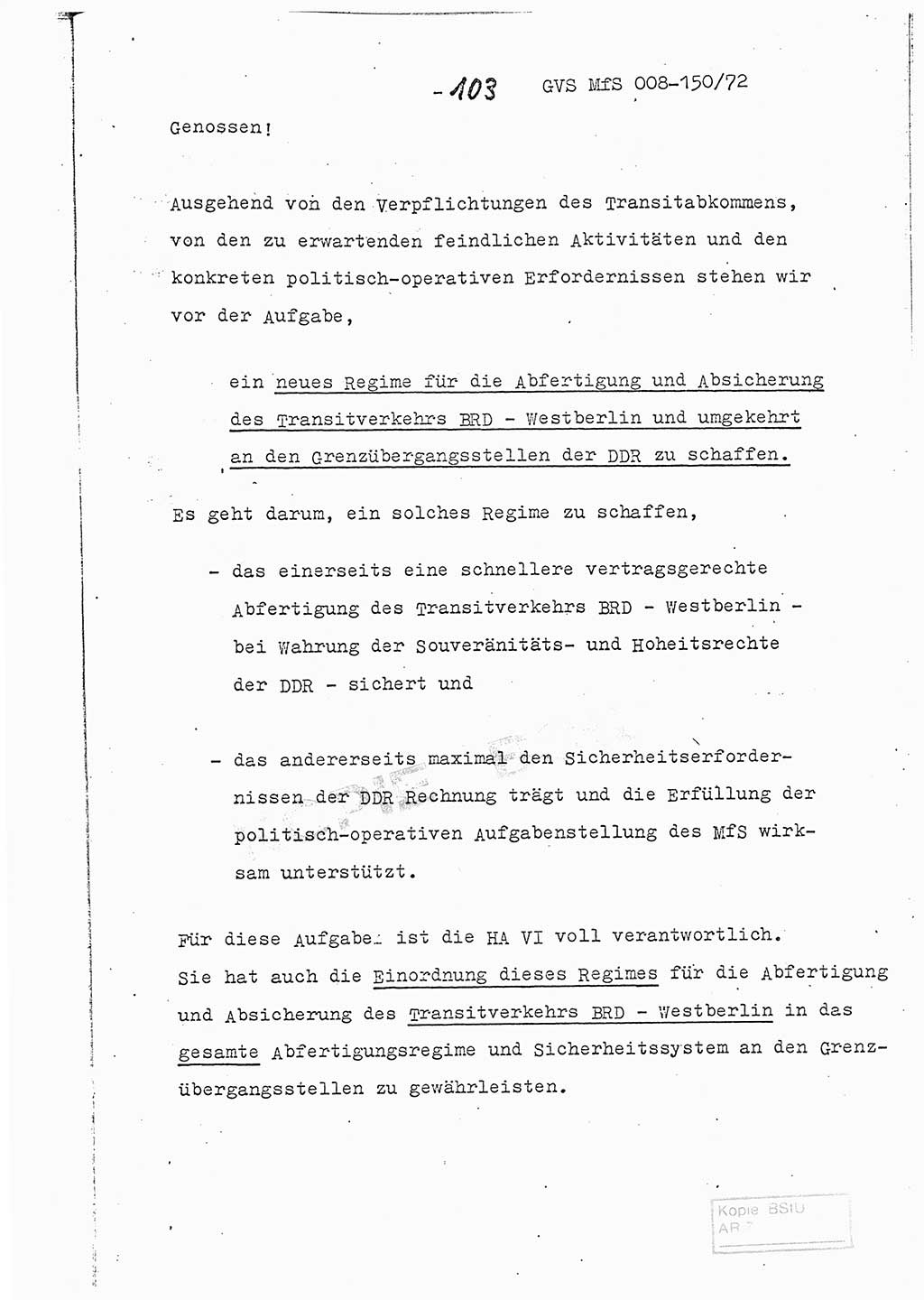 Referat (Entwurf) des Genossen Minister (Generaloberst Erich Mielke) auf der Dienstkonferenz 1972, Ministerium für Staatssicherheit (MfS) [Deutsche Demokratische Republik (DDR)], Der Minister, Geheime Verschlußsache (GVS) 008-150/72, Berlin 25.2.1972, Seite 103 (Ref. Entw. DK MfS DDR Min. GVS 008-150/72 1972, S. 103)