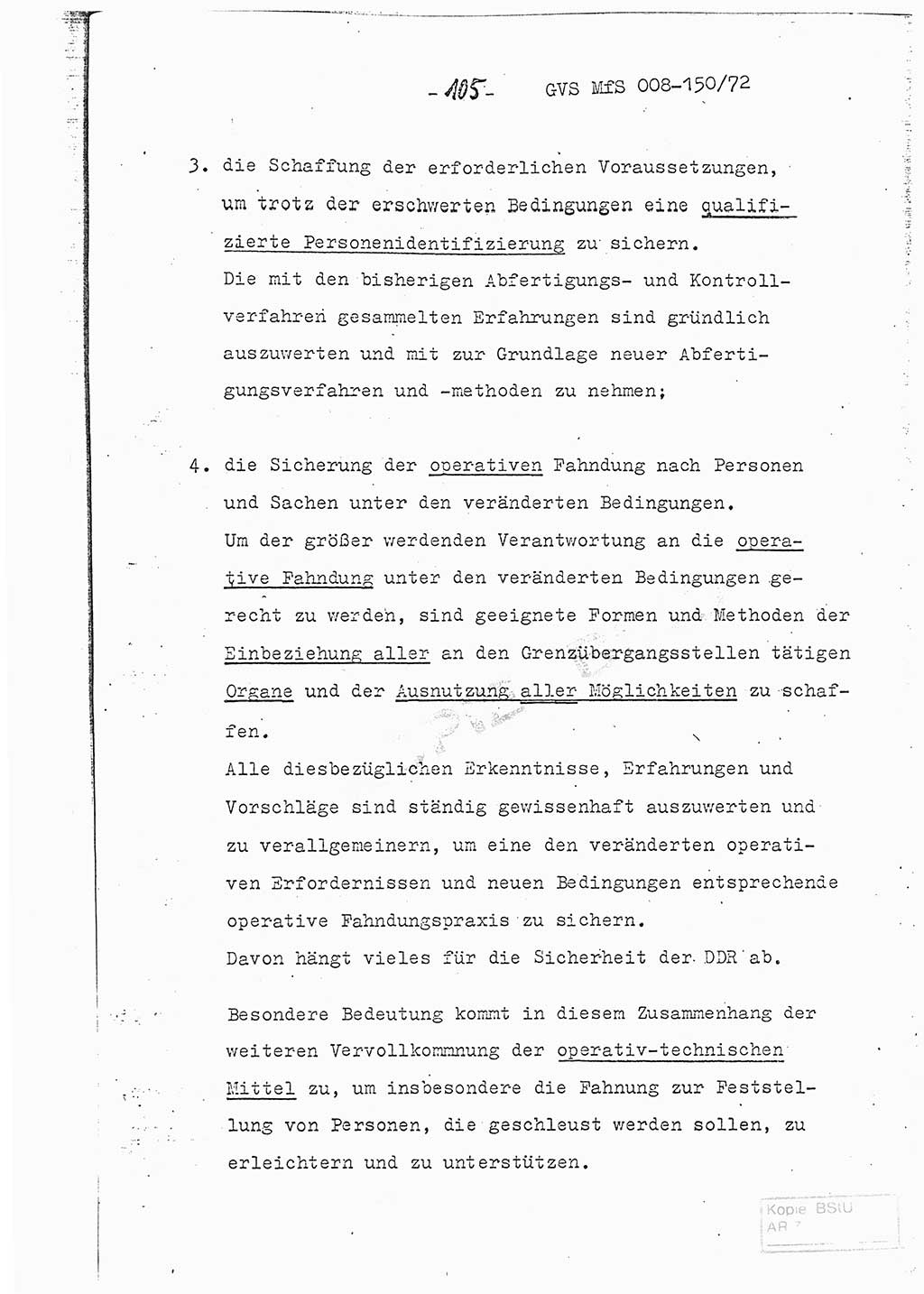 Referat (Entwurf) des Genossen Minister (Generaloberst Erich Mielke) auf der Dienstkonferenz 1972, Ministerium für Staatssicherheit (MfS) [Deutsche Demokratische Republik (DDR)], Der Minister, Geheime Verschlußsache (GVS) 008-150/72, Berlin 25.2.1972, Seite 105 (Ref. Entw. DK MfS DDR Min. GVS 008-150/72 1972, S. 105)