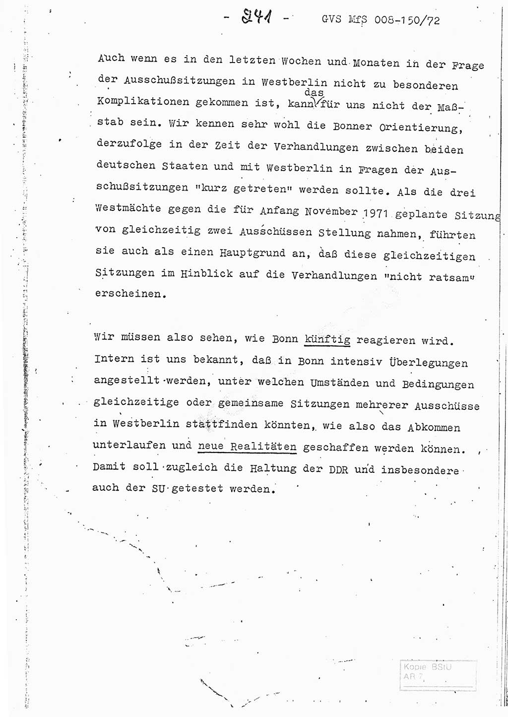 Referat (Entwurf) des Genossen Minister (Generaloberst Erich Mielke) auf der Dienstkonferenz 1972, Ministerium für Staatssicherheit (MfS) [Deutsche Demokratische Republik (DDR)], Der Minister, Geheime Verschlußsache (GVS) 008-150/72, Berlin 25.2.1972, Seite 241 (Ref. Entw. DK MfS DDR Min. GVS 008-150/72 1972, S. 241)