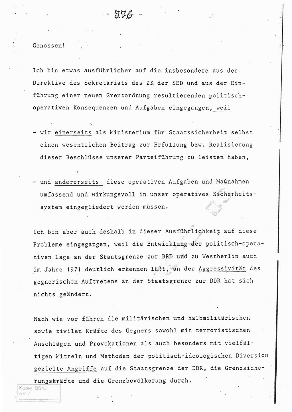 Referat (Entwurf) des Genossen Minister (Generaloberst Erich Mielke) auf der Dienstkonferenz 1972, Ministerium für Staatssicherheit (MfS) [Deutsche Demokratische Republik (DDR)], Der Minister, Geheime Verschlußsache (GVS) 008-150/72, Berlin 25.2.1972, Seite 276 (Ref. Entw. DK MfS DDR Min. GVS 008-150/72 1972, S. 276)