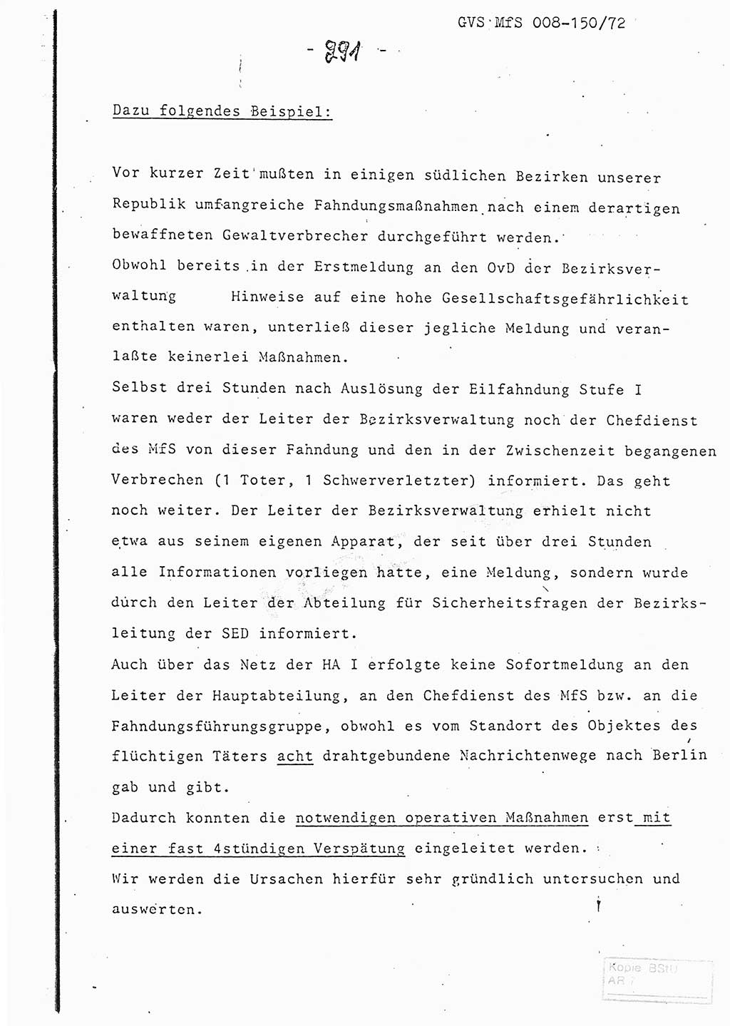 Referat (Entwurf) des Genossen Minister (Generaloberst Erich Mielke) auf der Dienstkonferenz 1972, Ministerium für Staatssicherheit (MfS) [Deutsche Demokratische Republik (DDR)], Der Minister, Geheime Verschlußsache (GVS) 008-150/72, Berlin 25.2.1972, Seite 291 (Ref. Entw. DK MfS DDR Min. GVS 008-150/72 1972, S. 291)