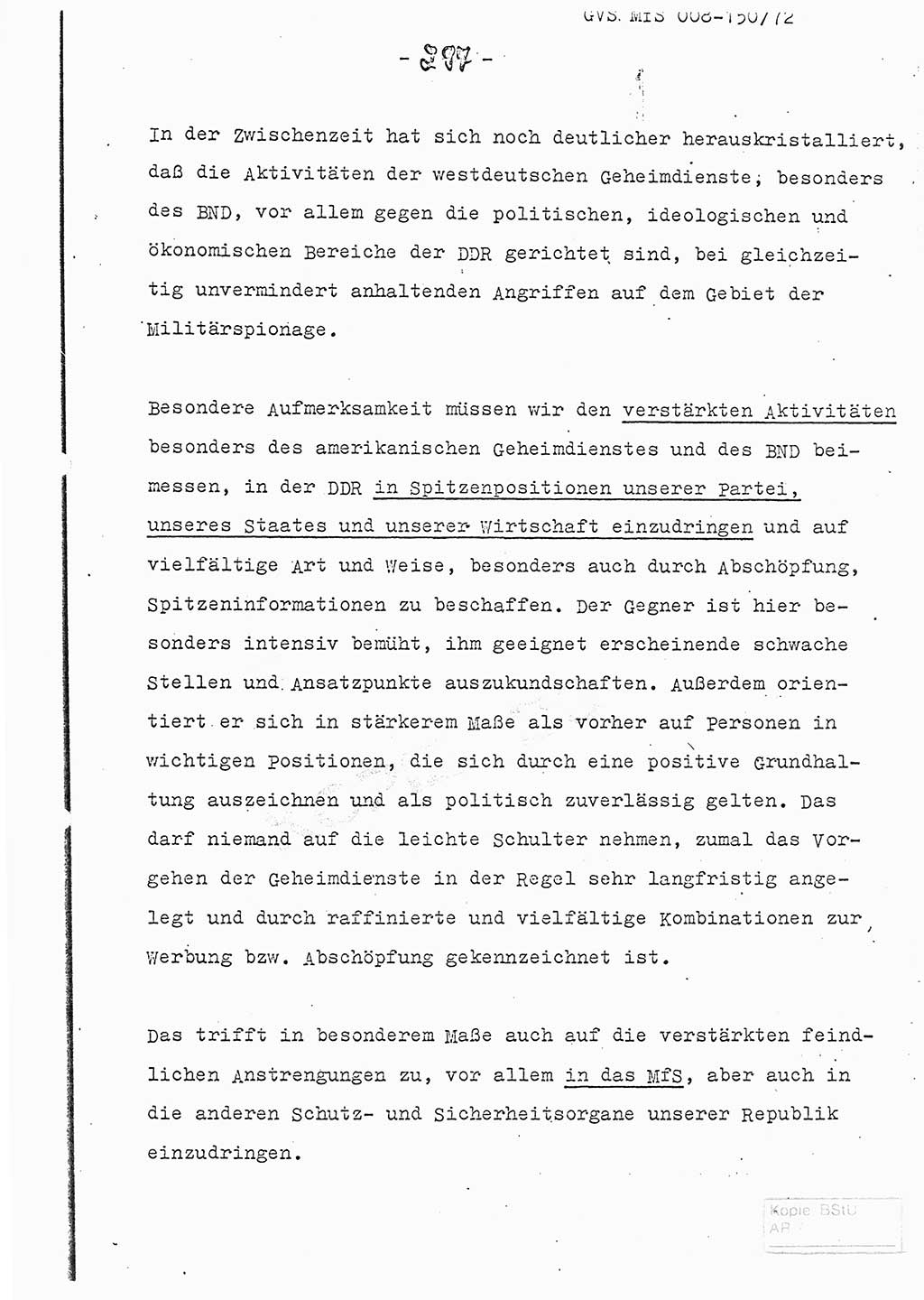 Referat (Entwurf) des Genossen Minister (Generaloberst Erich Mielke) auf der Dienstkonferenz 1972, Ministerium für Staatssicherheit (MfS) [Deutsche Demokratische Republik (DDR)], Der Minister, Geheime Verschlußsache (GVS) 008-150/72, Berlin 25.2.1972, Seite 297 (Ref. Entw. DK MfS DDR Min. GVS 008-150/72 1972, S. 297)