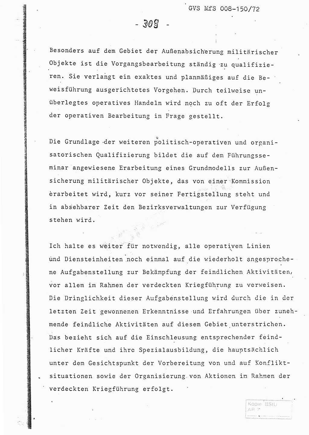 Referat (Entwurf) des Genossen Minister (Generaloberst Erich Mielke) auf der Dienstkonferenz 1972, Ministerium für Staatssicherheit (MfS) [Deutsche Demokratische Republik (DDR)], Der Minister, Geheime Verschlußsache (GVS) 008-150/72, Berlin 25.2.1972, Seite 309 (Ref. Entw. DK MfS DDR Min. GVS 008-150/72 1972, S. 309)