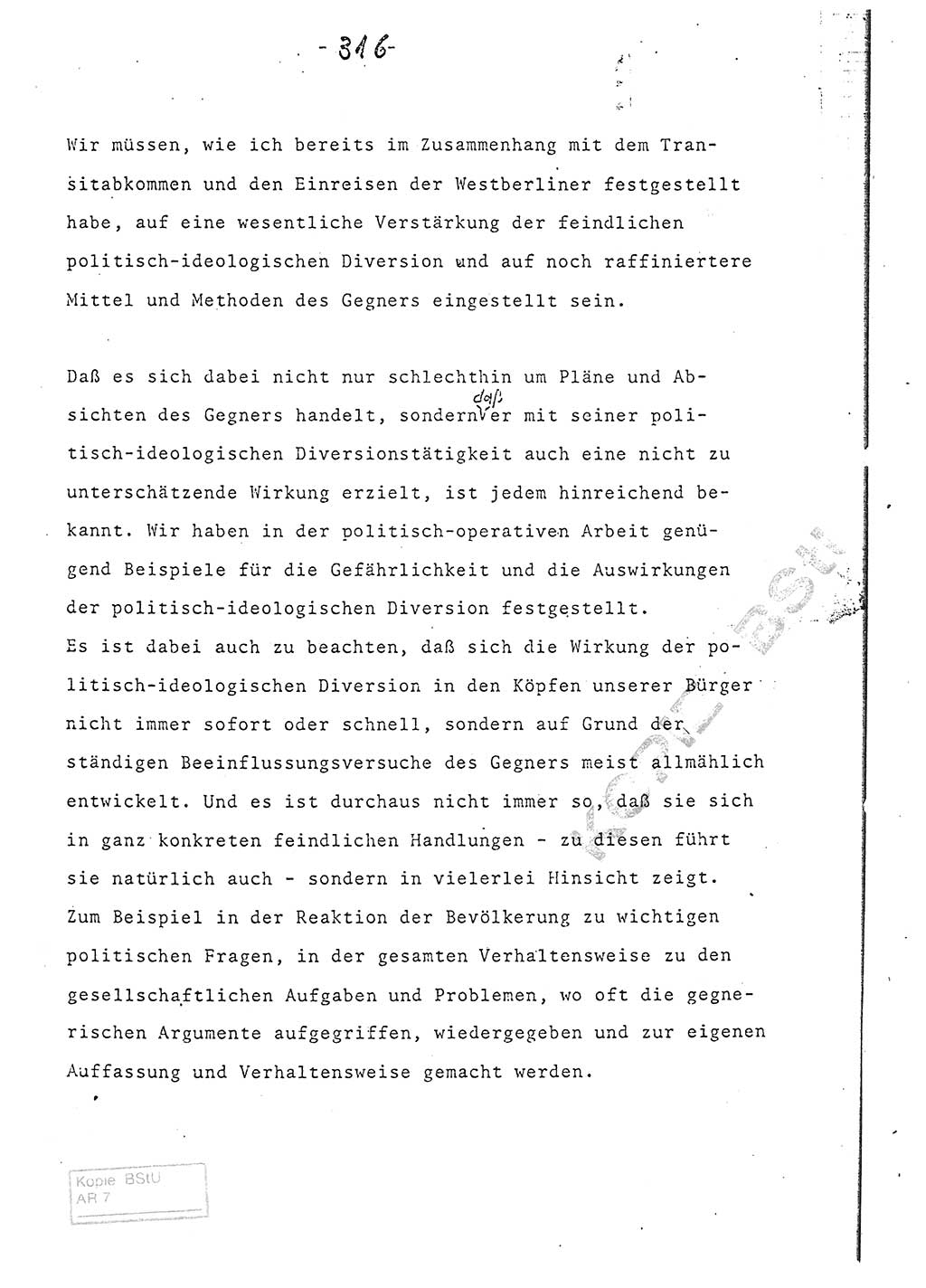 Referat (Entwurf) des Genossen Minister (Generaloberst Erich Mielke) auf der Dienstkonferenz 1972, Ministerium für Staatssicherheit (MfS) [Deutsche Demokratische Republik (DDR)], Der Minister, Geheime Verschlußsache (GVS) 008-150/72, Berlin 25.2.1972, Seite 316 (Ref. Entw. DK MfS DDR Min. GVS 008-150/72 1972, S. 316)