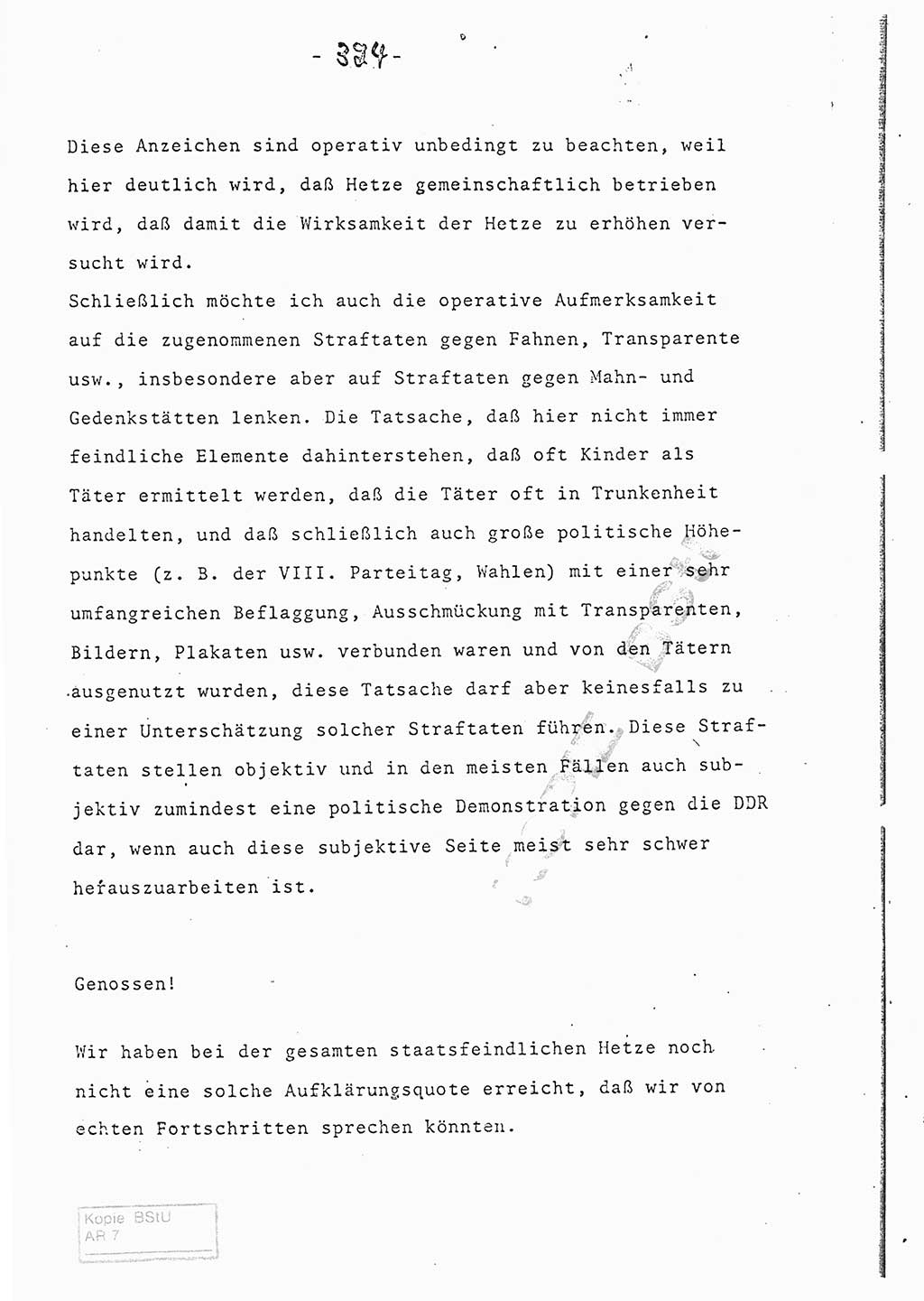 Referat (Entwurf) des Genossen Minister (Generaloberst Erich Mielke) auf der Dienstkonferenz 1972, Ministerium für Staatssicherheit (MfS) [Deutsche Demokratische Republik (DDR)], Der Minister, Geheime Verschlußsache (GVS) 008-150/72, Berlin 25.2.1972, Seite 324 (Ref. Entw. DK MfS DDR Min. GVS 008-150/72 1972, S. 324)