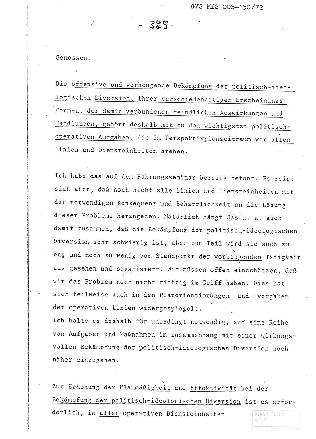 Referat (Entwurf) des Genossen Minister (Generaloberst Erich Mielke) auf der Dienstkonferenz 1972, Ministerium für Staatssicherheit (MfS) [Deutsche Demokratische Republik (DDR)], Der Minister, Geheime Verschlußsache (GVS) 008-150/72, Berlin 25.2.1972, Seite 329 (Ref. Entw. DK MfS DDR Min. GVS 008-150/72 1972, S. 329)