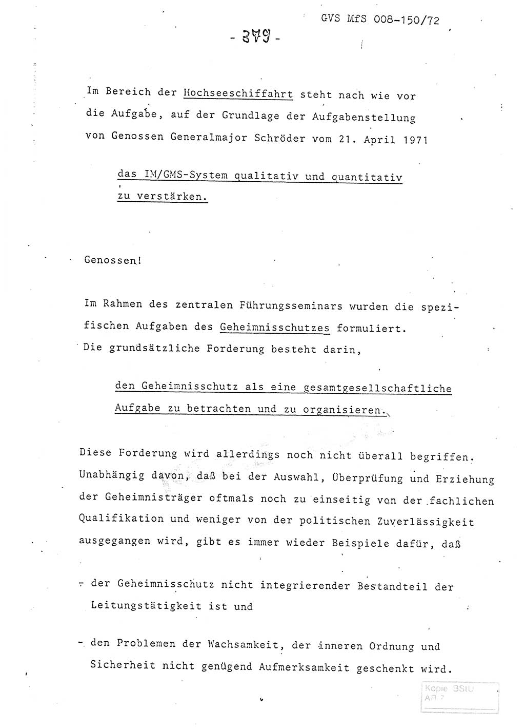 Referat (Entwurf) des Genossen Minister (Generaloberst Erich Mielke) auf der Dienstkonferenz 1972, Ministerium für Staatssicherheit (MfS) [Deutsche Demokratische Republik (DDR)], Der Minister, Geheime Verschlußsache (GVS) 008-150/72, Berlin 25.2.1972, Seite 379 (Ref. Entw. DK MfS DDR Min. GVS 008-150/72 1972, S. 379)