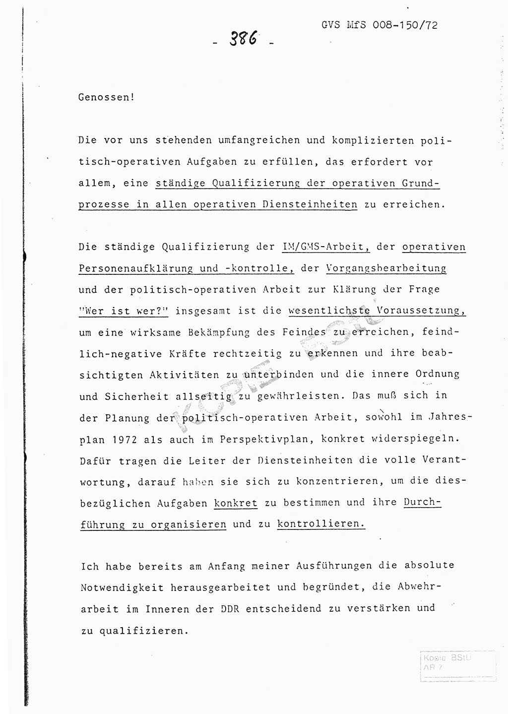 Referat (Entwurf) des Genossen Minister (Generaloberst Erich Mielke) auf der Dienstkonferenz 1972, Ministerium für Staatssicherheit (MfS) [Deutsche Demokratische Republik (DDR)], Der Minister, Geheime Verschlußsache (GVS) 008-150/72, Berlin 25.2.1972, Seite 386 (Ref. Entw. DK MfS DDR Min. GVS 008-150/72 1972, S. 386)