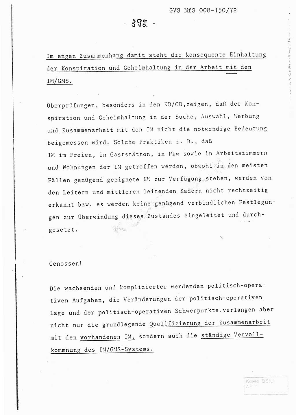 Referat (Entwurf) des Genossen Minister (Generaloberst Erich Mielke) auf der Dienstkonferenz 1972, Ministerium für Staatssicherheit (MfS) [Deutsche Demokratische Republik (DDR)], Der Minister, Geheime Verschlußsache (GVS) 008-150/72, Berlin 25.2.1972, Seite 392 (Ref. Entw. DK MfS DDR Min. GVS 008-150/72 1972, S. 392)