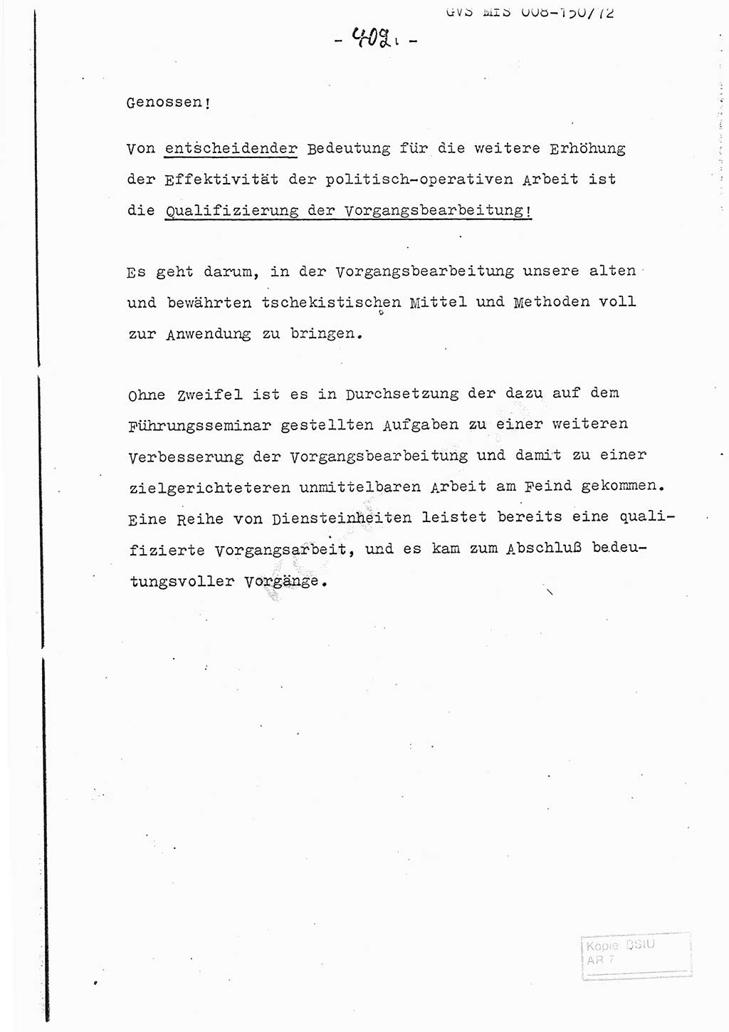 Referat (Entwurf) des Genossen Minister (Generaloberst Erich Mielke) auf der Dienstkonferenz 1972, Ministerium für Staatssicherheit (MfS) [Deutsche Demokratische Republik (DDR)], Der Minister, Geheime Verschlußsache (GVS) 008-150/72, Berlin 25.2.1972, Seite 402 (Ref. Entw. DK MfS DDR Min. GVS 008-150/72 1972, S. 402)