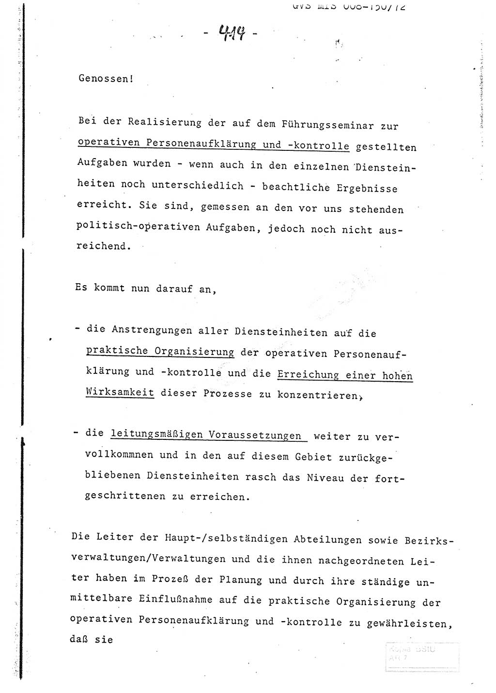 Referat (Entwurf) des Genossen Minister (Generaloberst Erich Mielke) auf der Dienstkonferenz 1972, Ministerium für Staatssicherheit (MfS) [Deutsche Demokratische Republik (DDR)], Der Minister, Geheime Verschlußsache (GVS) 008-150/72, Berlin 25.2.1972, Seite 414 (Ref. Entw. DK MfS DDR Min. GVS 008-150/72 1972, S. 414)