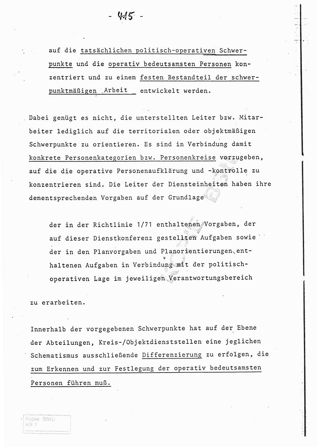 Referat (Entwurf) des Genossen Minister (Generaloberst Erich Mielke) auf der Dienstkonferenz 1972, Ministerium für Staatssicherheit (MfS) [Deutsche Demokratische Republik (DDR)], Der Minister, Geheime Verschlußsache (GVS) 008-150/72, Berlin 25.2.1972, Seite 415 (Ref. Entw. DK MfS DDR Min. GVS 008-150/72 1972, S. 415)
