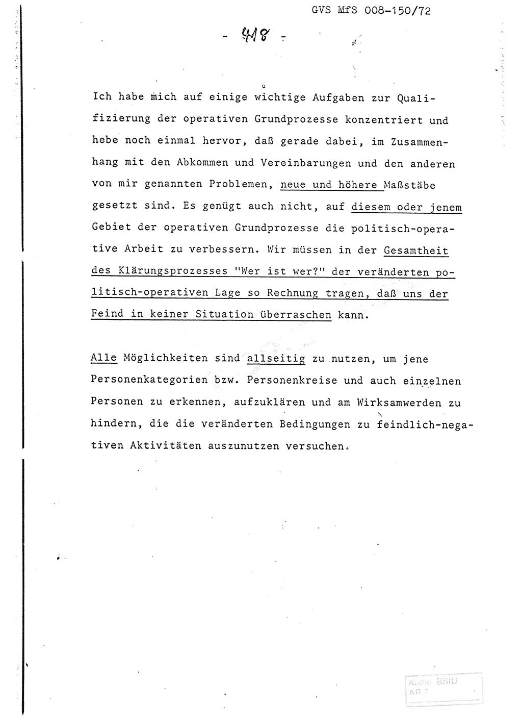 Referat (Entwurf) des Genossen Minister (Generaloberst Erich Mielke) auf der Dienstkonferenz 1972, Ministerium für Staatssicherheit (MfS) [Deutsche Demokratische Republik (DDR)], Der Minister, Geheime Verschlußsache (GVS) 008-150/72, Berlin 25.2.1972, Seite 418 (Ref. Entw. DK MfS DDR Min. GVS 008-150/72 1972, S. 418)