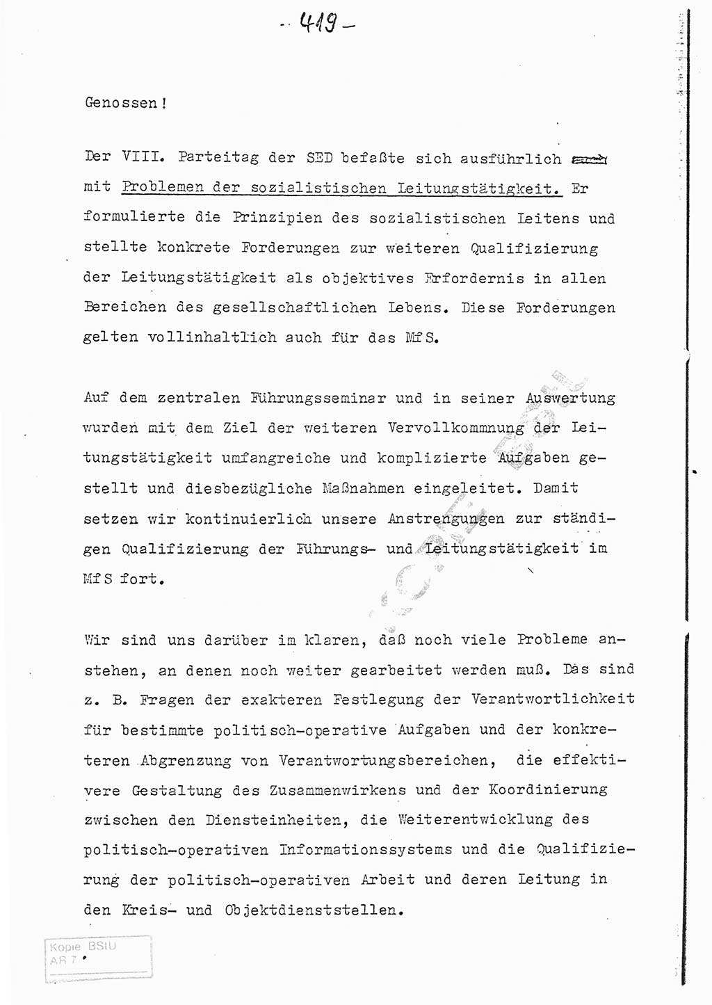 Referat (Entwurf) des Genossen Minister (Generaloberst Erich Mielke) auf der Dienstkonferenz 1972, Ministerium für Staatssicherheit (MfS) [Deutsche Demokratische Republik (DDR)], Der Minister, Geheime Verschlußsache (GVS) 008-150/72, Berlin 25.2.1972, Seite 419 (Ref. Entw. DK MfS DDR Min. GVS 008-150/72 1972, S. 419)