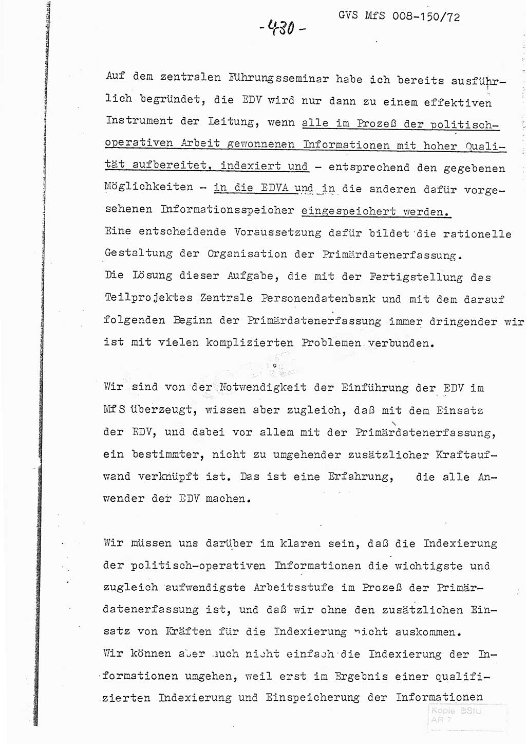Referat (Entwurf) des Genossen Minister (Generaloberst Erich Mielke) auf der Dienstkonferenz 1972, Ministerium für Staatssicherheit (MfS) [Deutsche Demokratische Republik (DDR)], Der Minister, Geheime Verschlußsache (GVS) 008-150/72, Berlin 25.2.1972, Seite 430 (Ref. Entw. DK MfS DDR Min. GVS 008-150/72 1972, S. 430)
