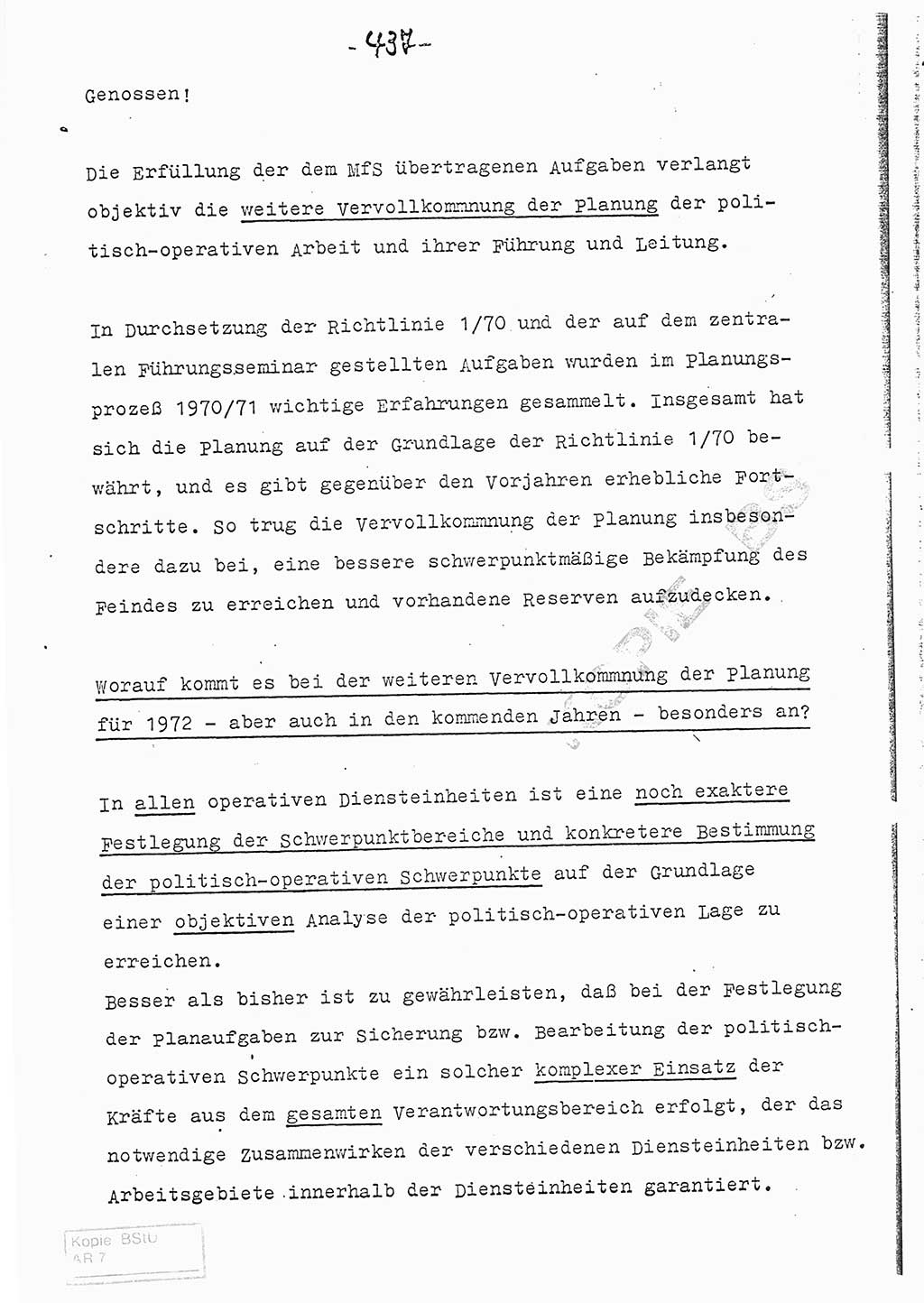 Referat (Entwurf) des Genossen Minister (Generaloberst Erich Mielke) auf der Dienstkonferenz 1972, Ministerium für Staatssicherheit (MfS) [Deutsche Demokratische Republik (DDR)], Der Minister, Geheime Verschlußsache (GVS) 008-150/72, Berlin 25.2.1972, Seite 437 (Ref. Entw. DK MfS DDR Min. GVS 008-150/72 1972, S. 437)