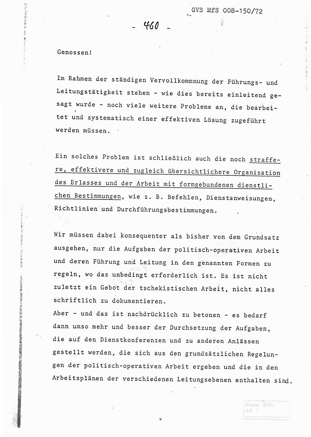 Referat (Entwurf) des Genossen Minister (Generaloberst Erich Mielke) auf der Dienstkonferenz 1972, Ministerium für Staatssicherheit (MfS) [Deutsche Demokratische Republik (DDR)], Der Minister, Geheime Verschlußsache (GVS) 008-150/72, Berlin 25.2.1972, Seite 460 (Ref. Entw. DK MfS DDR Min. GVS 008-150/72 1972, S. 460)