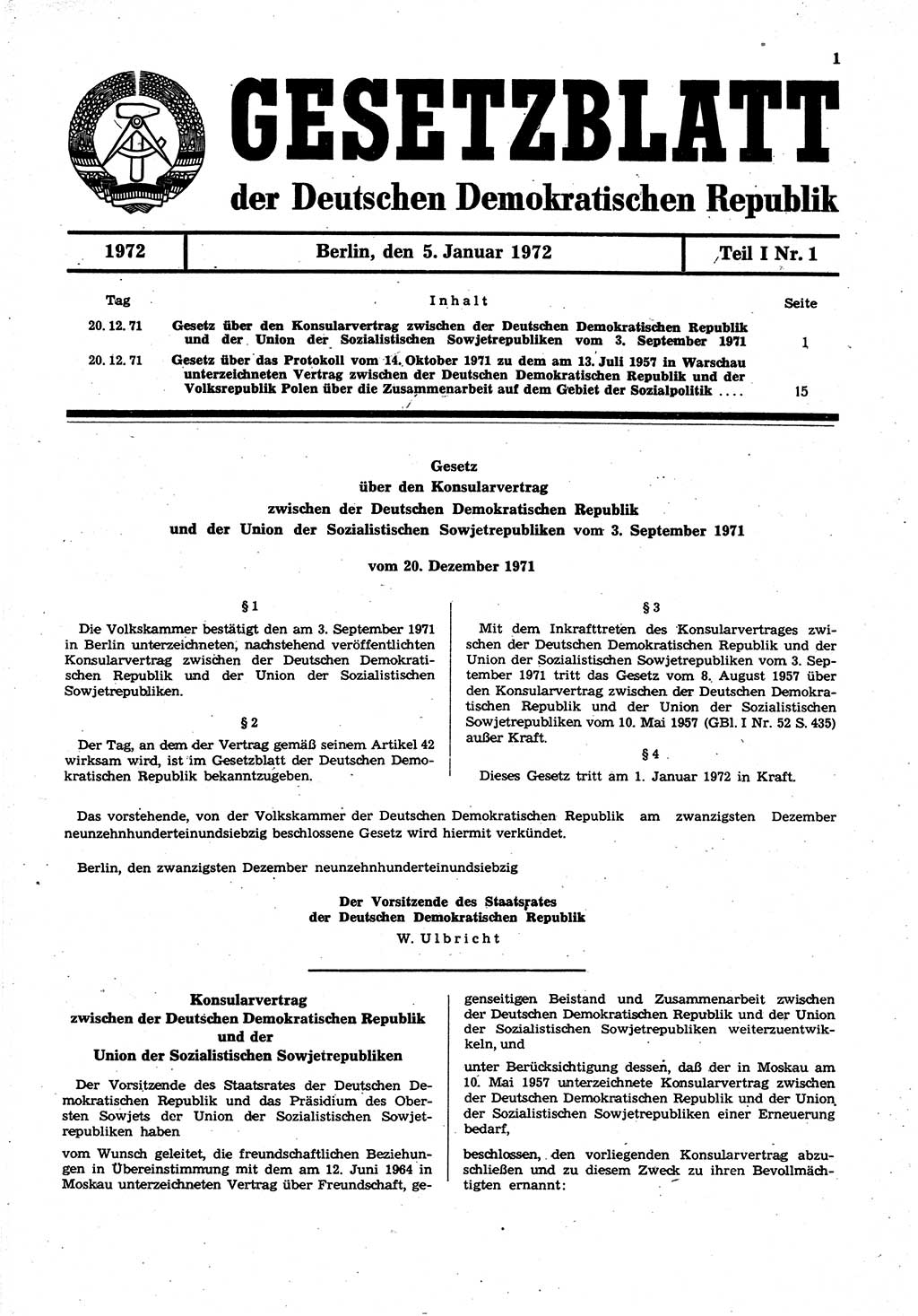 Gesetzblatt (GBl.) der Deutschen Demokratischen Republik (DDR) Teil Ⅰ 1972, Seite 1 (GBl. DDR Ⅰ 1972, S. 1)