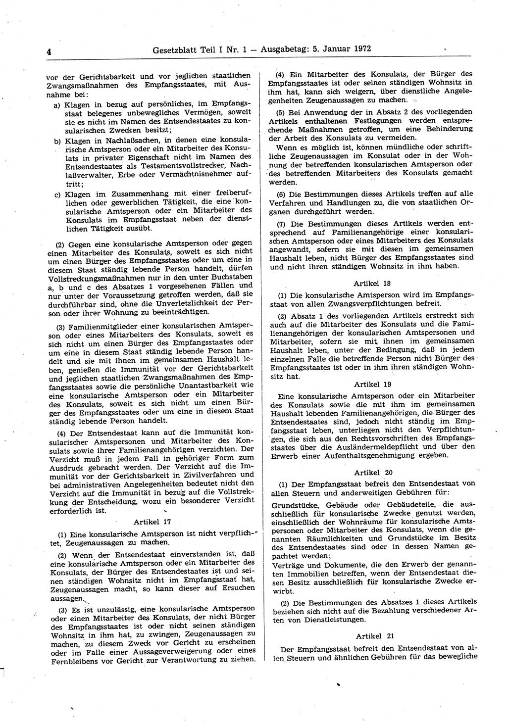 Gesetzblatt (GBl.) der Deutschen Demokratischen Republik (DDR) Teil Ⅰ 1972, Seite 4 (GBl. DDR Ⅰ 1972, S. 4)