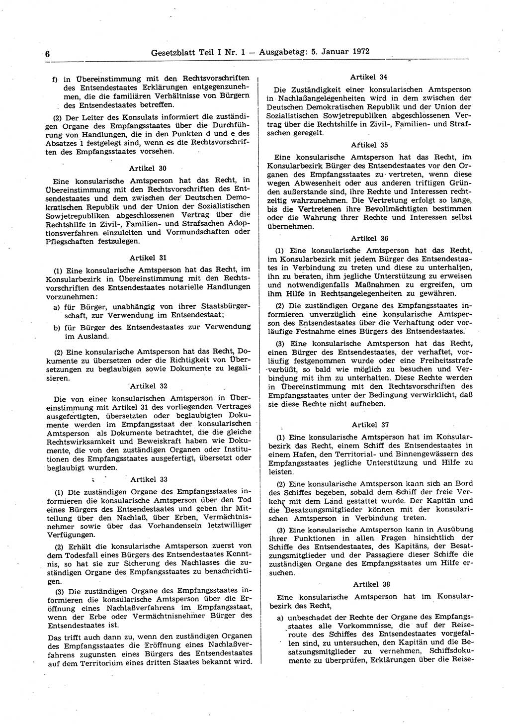 Gesetzblatt (GBl.) der Deutschen Demokratischen Republik (DDR) Teil Ⅰ 1972, Seite 6 (GBl. DDR Ⅰ 1972, S. 6)