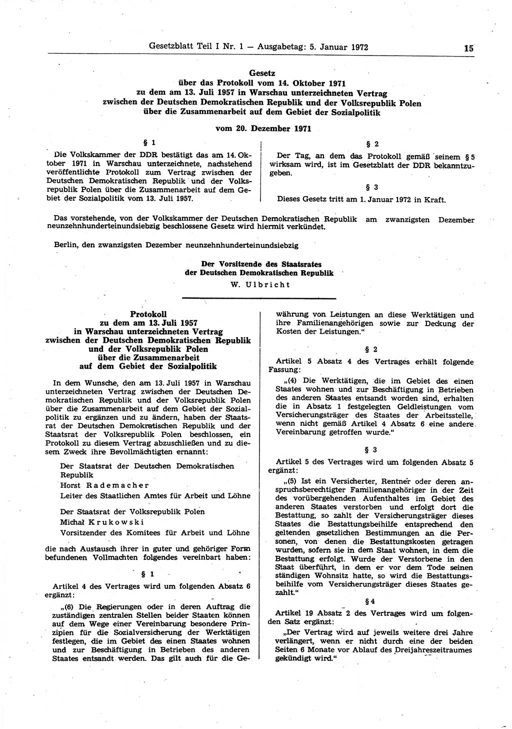 Gesetzblatt (GBl.) der Deutschen Demokratischen Republik (DDR) Teil Ⅰ 1972, Seite 15 (GBl. DDR Ⅰ 1972, S. 15)