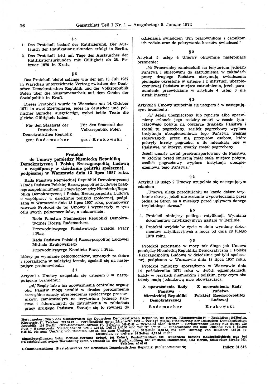 Gesetzblatt (GBl.) der Deutschen Demokratischen Republik (DDR) Teil Ⅰ 1972, Seite 16 (GBl. DDR Ⅰ 1972, S. 16)