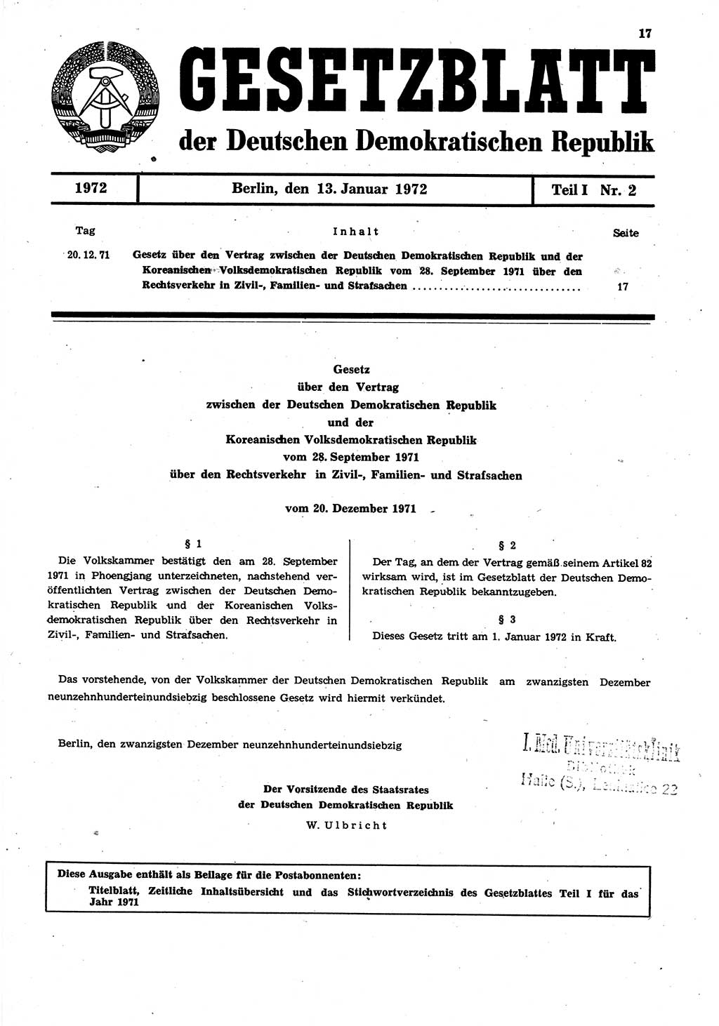 Gesetzblatt (GBl.) der Deutschen Demokratischen Republik (DDR) Teil Ⅰ 1972, Seite 17 (GBl. DDR Ⅰ 1972, S. 17)