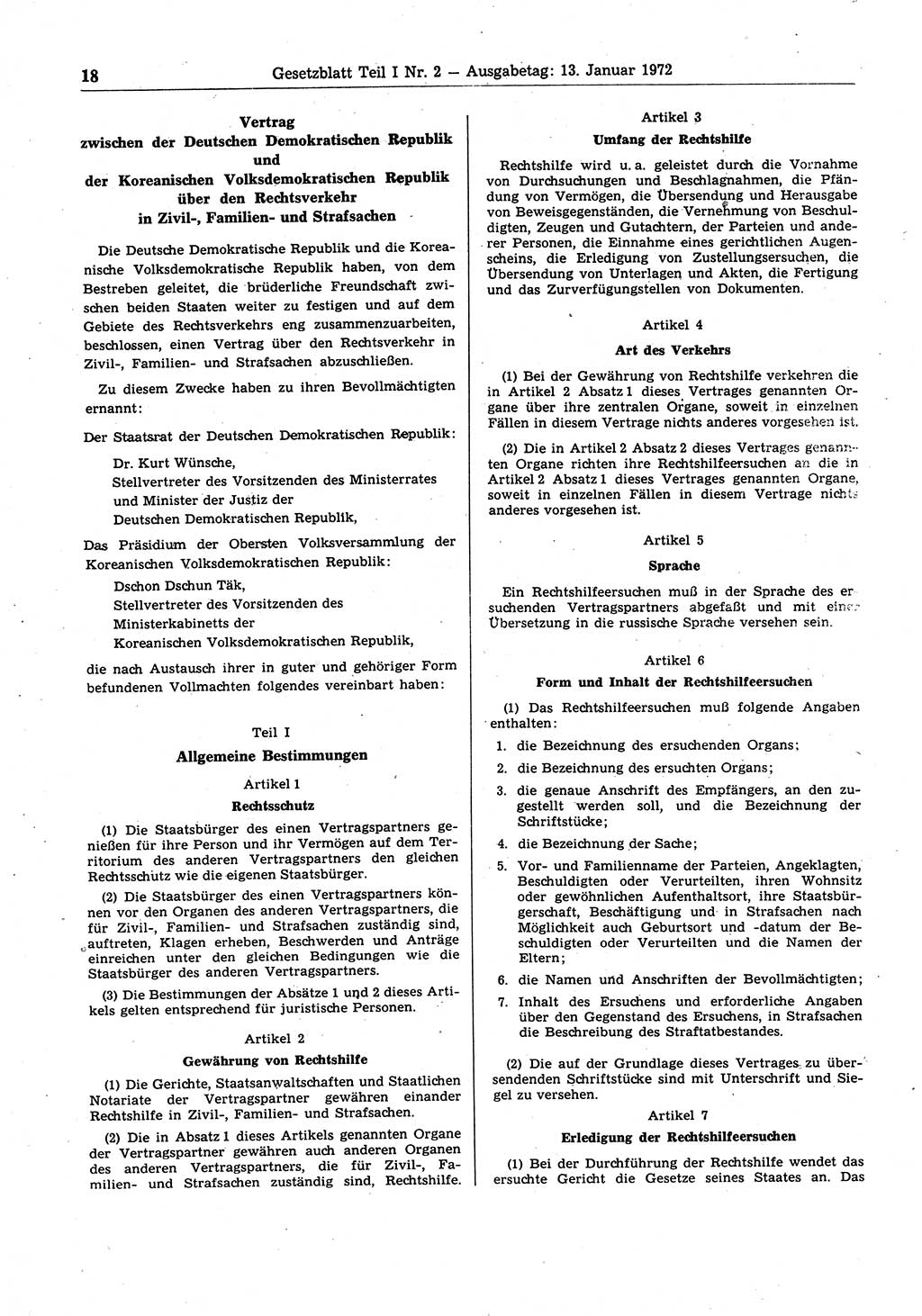 Gesetzblatt (GBl.) der Deutschen Demokratischen Republik (DDR) Teil Ⅰ 1972, Seite 18 (GBl. DDR Ⅰ 1972, S. 18)