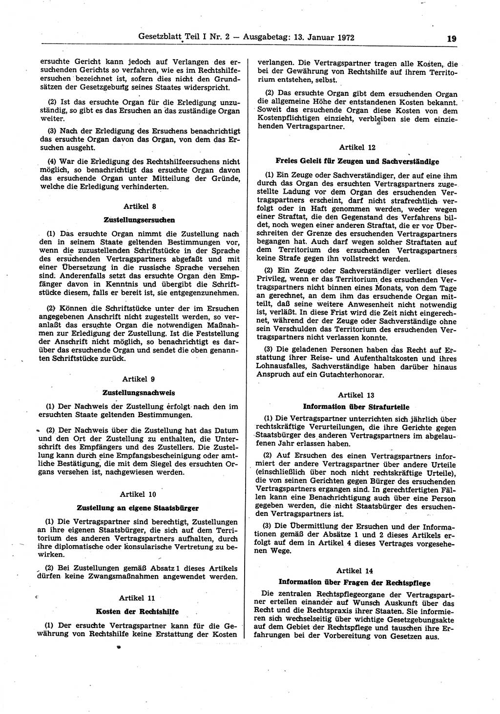 Gesetzblatt (GBl.) der Deutschen Demokratischen Republik (DDR) Teil Ⅰ 1972, Seite 19 (GBl. DDR Ⅰ 1972, S. 19)