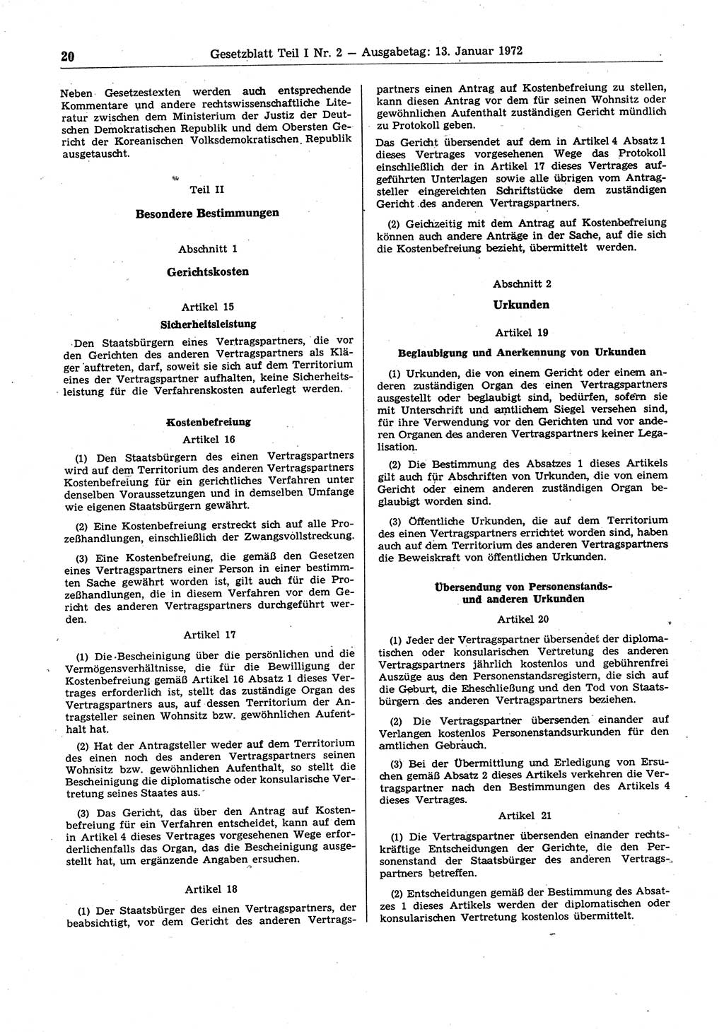 Gesetzblatt (GBl.) der Deutschen Demokratischen Republik (DDR) Teil Ⅰ 1972, Seite 20 (GBl. DDR Ⅰ 1972, S. 20)