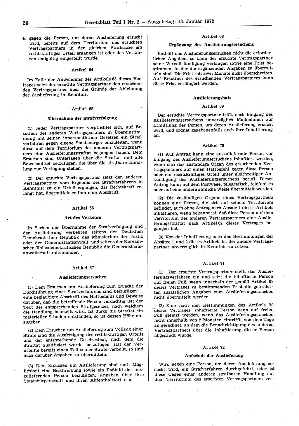 Gesetzblatt (GBl.) der Deutschen Demokratischen Republik (DDR) Teil Ⅰ 1972, Seite 26 (GBl. DDR Ⅰ 1972, S. 26)