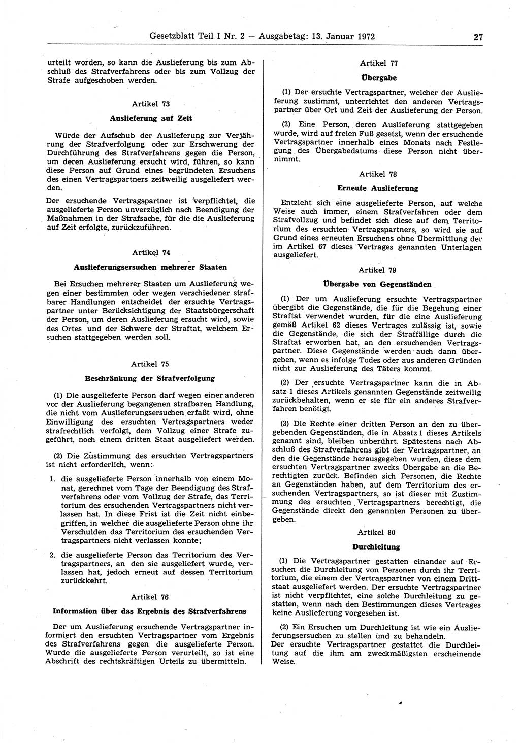 Gesetzblatt (GBl.) der Deutschen Demokratischen Republik (DDR) Teil Ⅰ 1972, Seite 27 (GBl. DDR Ⅰ 1972, S. 27)