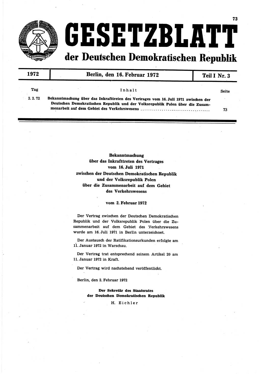 Gesetzblatt (GBl.) der Deutschen Demokratischen Republik (DDR) Teil Ⅰ 1972, Seite 73 (GBl. DDR Ⅰ 1972, S. 73)