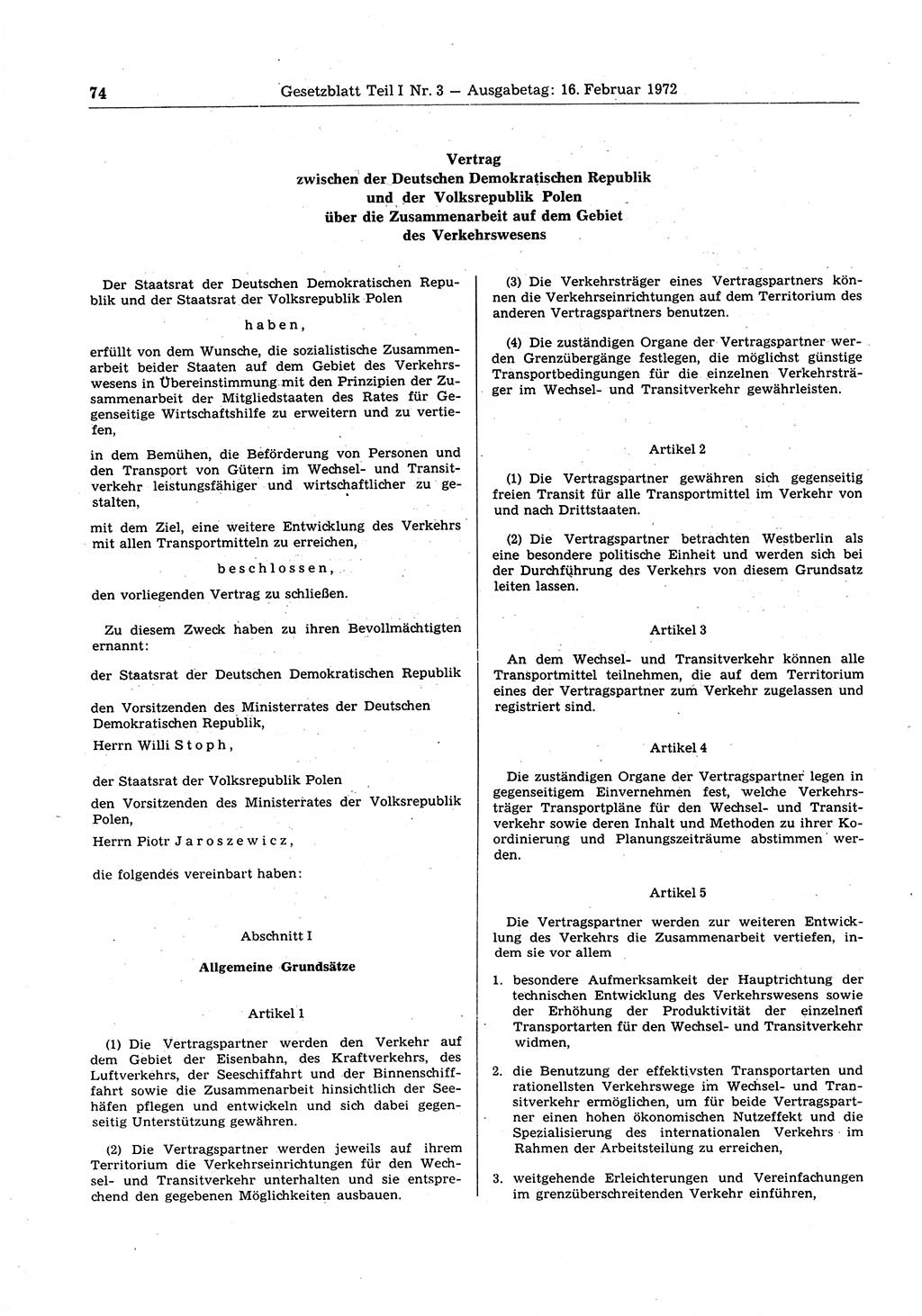 Gesetzblatt (GBl.) der Deutschen Demokratischen Republik (DDR) Teil Ⅰ 1972, Seite 74 (GBl. DDR Ⅰ 1972, S. 74)