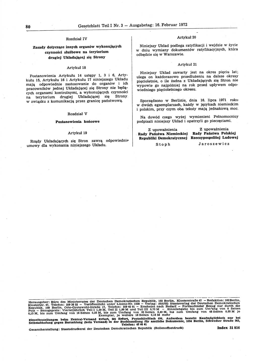 Gesetzblatt (GBl.) der Deutschen Demokratischen Republik (DDR) Teil Ⅰ 1972, Seite 80 (GBl. DDR Ⅰ 1972, S. 80)
