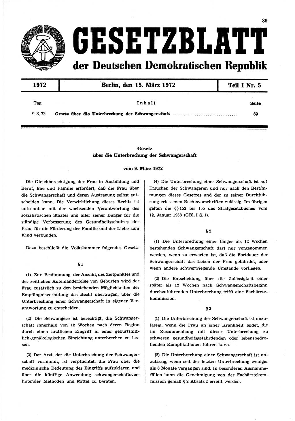 Gesetzblatt (GBl.) der Deutschen Demokratischen Republik (DDR) Teil Ⅰ 1972, Seite 89 (GBl. DDR Ⅰ 1972, S. 89)