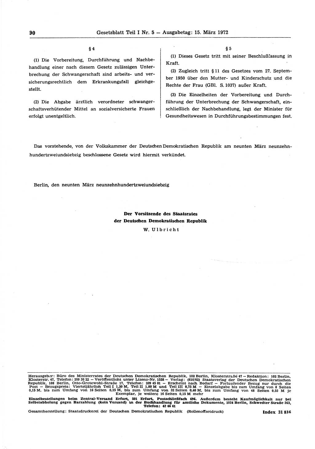 Gesetzblatt (GBl.) der Deutschen Demokratischen Republik (DDR) Teil Ⅰ 1972, Seite 90 (GBl. DDR Ⅰ 1972, S. 90)