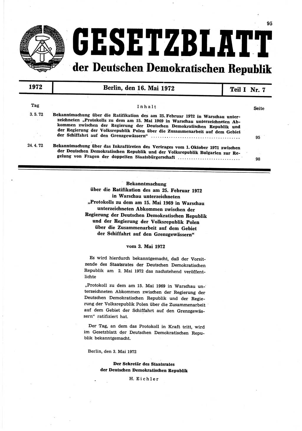 Gesetzblatt (GBl.) der Deutschen Demokratischen Republik (DDR) Teil Ⅰ 1972, Seite 95 (GBl. DDR Ⅰ 1972, S. 95)