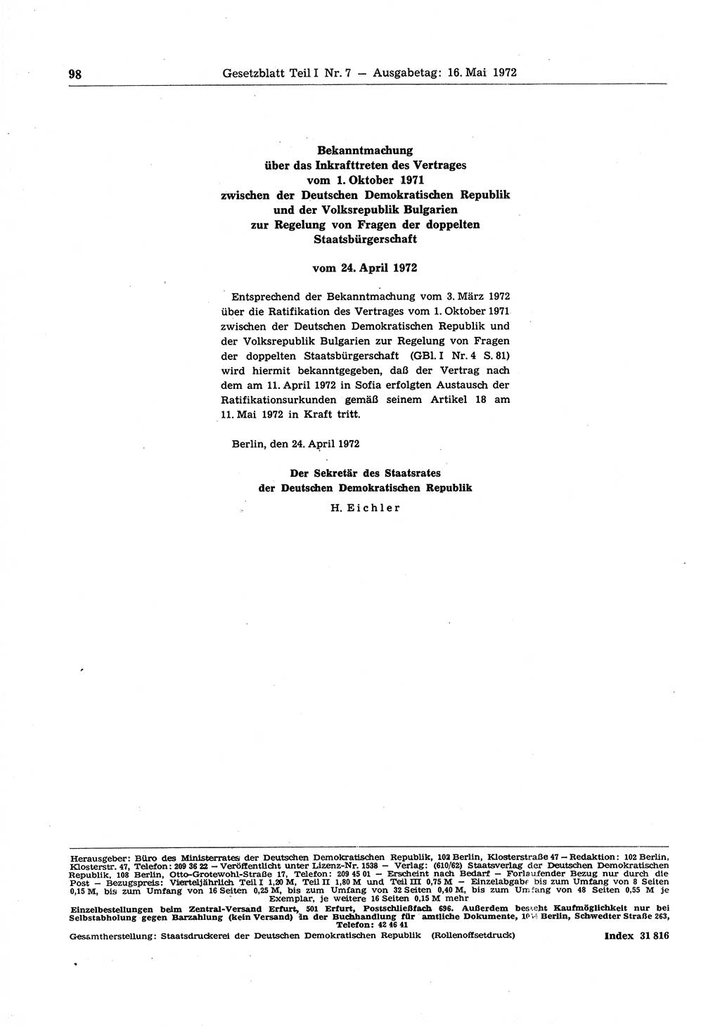 Gesetzblatt (GBl.) der Deutschen Demokratischen Republik (DDR) Teil Ⅰ 1972, Seite 98 (GBl. DDR Ⅰ 1972, S. 98)