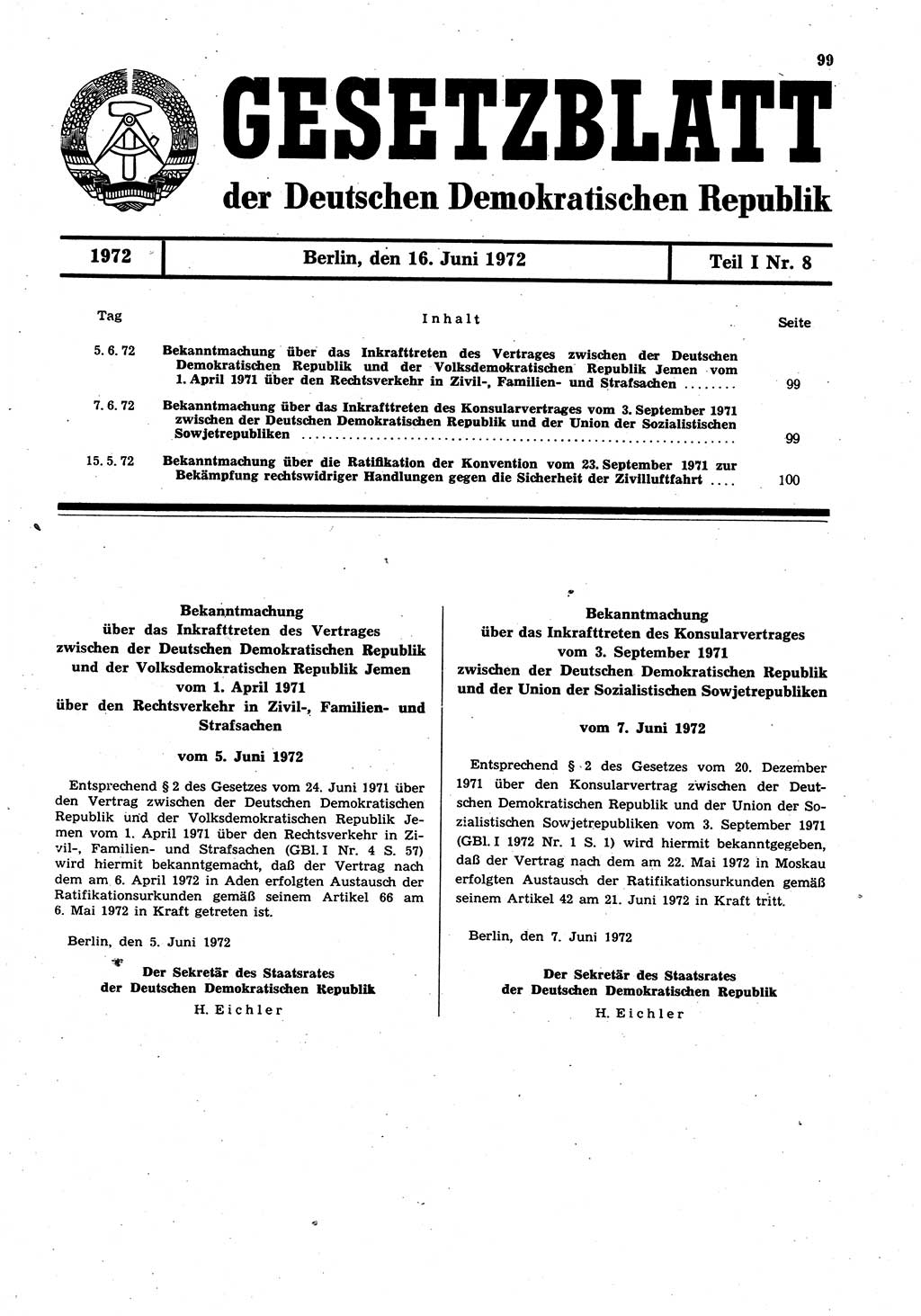 Gesetzblatt (GBl.) der Deutschen Demokratischen Republik (DDR) Teil Ⅰ 1972, Seite 99 (GBl. DDR Ⅰ 1972, S. 99)