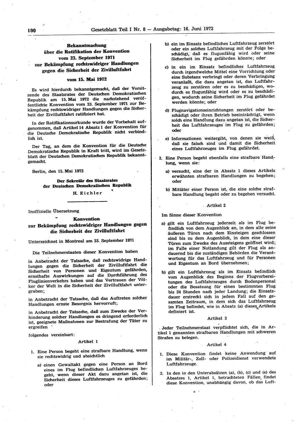 Gesetzblatt (GBl.) der Deutschen Demokratischen Republik (DDR) Teil Ⅰ 1972, Seite 100 (GBl. DDR Ⅰ 1972, S. 100)